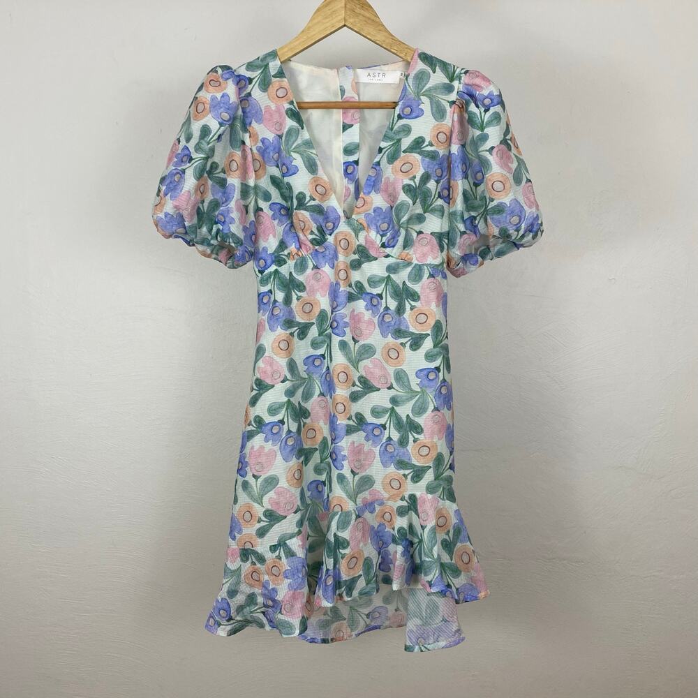 ASTR Floral Puff Sleeve Cutout Dress - White Multi Floral - Size XS